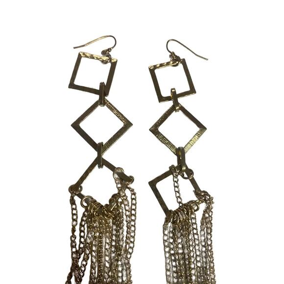 Funky long Goldtone geometric chain duster earrings Vintage 90s/Y2k - Picture 2 of 5
